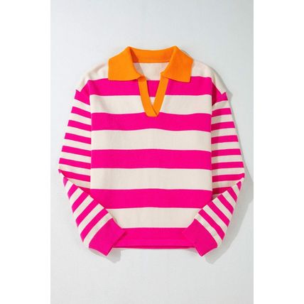 Rose Stripe Color Block Collared V Neck Drop Shoulder Sweater