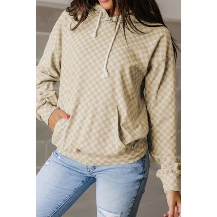 Khaki Checkered Print Kangaroo Pocket Drawstring Hoodie