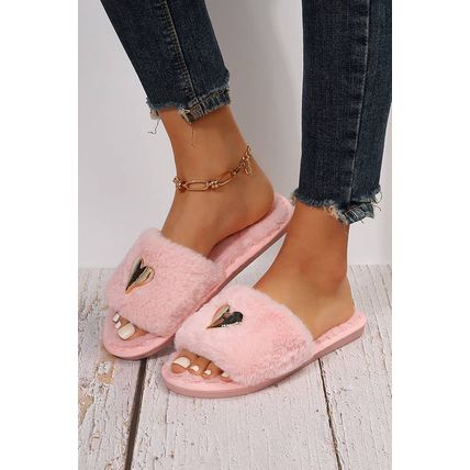 Pink Heart Shape Buckle Decor Open Toe Plush Slippers