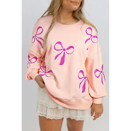 Apricot Pink Sequined Bowknot Drop Shoulder Oversized Sweatshirt