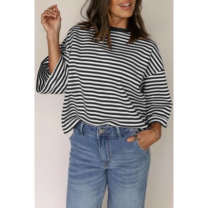 Black Stripe Bowknot Cutout Back Drop Shoulder Wide Bracelet Sleeve Loose Tee