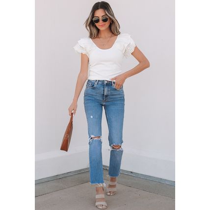 White Eyelet Ruffle Sleeve Slim Fitted Top