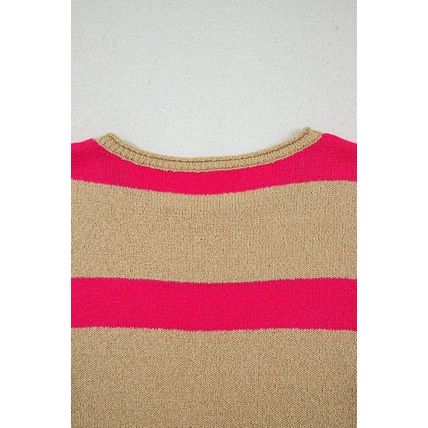 Pink Stripe Colorblock Short Sleeve Crew Neck Lightweight Sweater