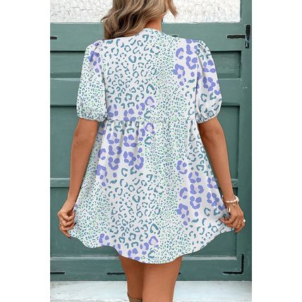 Sky Blue Leopard Contrast Bow Puff Sleeve Mini Dress