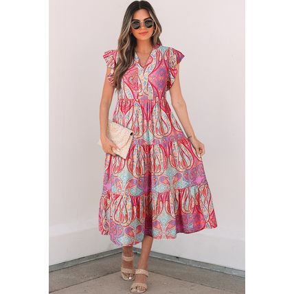 Rose Tribal Paisley Print Ruffled Sleeve Notch Neck Midi Dress