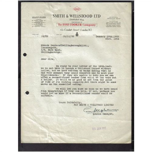 SMITH & WELLSTOOD LTD, "ESSE COOKER CO", CONDUIT ST,LONDON, W1, 19JAN1952