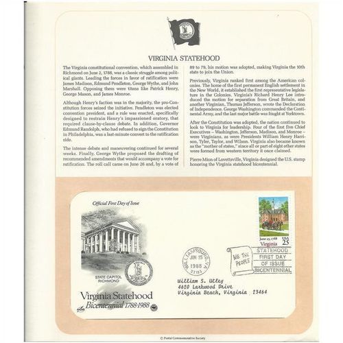 VIRGINIA STATEHOOD ' OFFICIAL FIRST DAY of ISSUE ' ( 1988 )