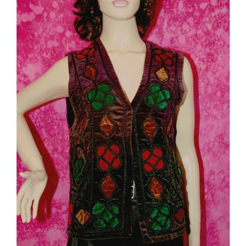 Vintage 1960 1970 Velvet Waistcoat Size 12 14 Emerald Gold Red Hippy