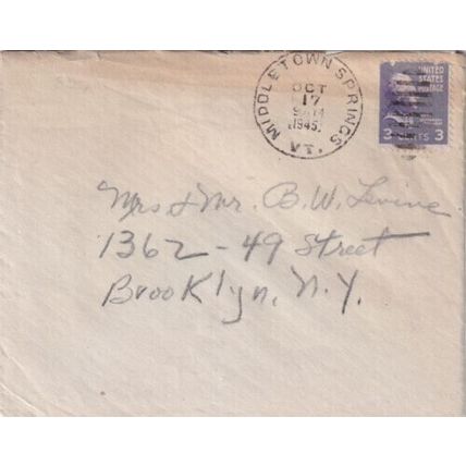 United States 1945 Middletown Springs VT-Brooklyn NY Cover written VGC