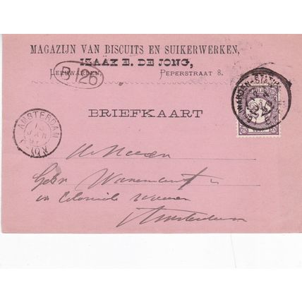 Netherlands 1896 Isaak De Jong Leeuwarden to Amsterdam Postal card written VGC