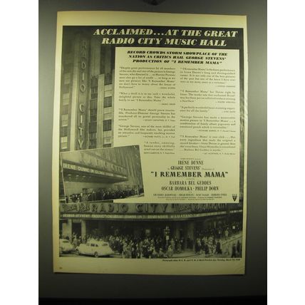 1948 I remember Mama Movie Ad - Acclaimed.. At the great radio city music hall