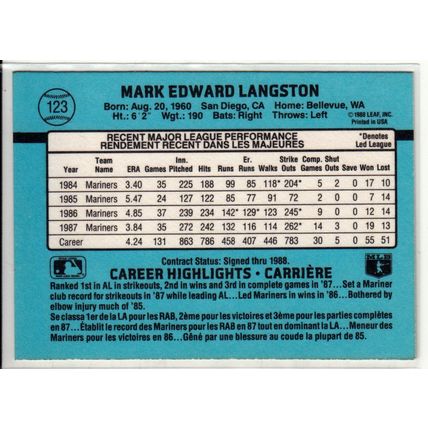1988 Leaf Mark Langston baseball card #123