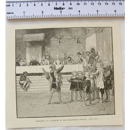 Vintage engraving - Ministrels at a Banquet in the Fourteenth Century