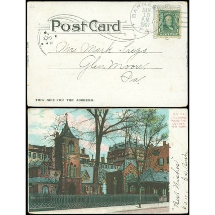JUN 13 1907 Barneston PA (DPO) Cds on GLITTER PICTURE POSTCARD, NYC Church, #300