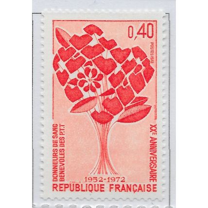 FRANCE 1972 MINT UNMOUNTED MNH BLOOD DONORS PTT 20th HEART LEAVES STEMS FLOWERS
