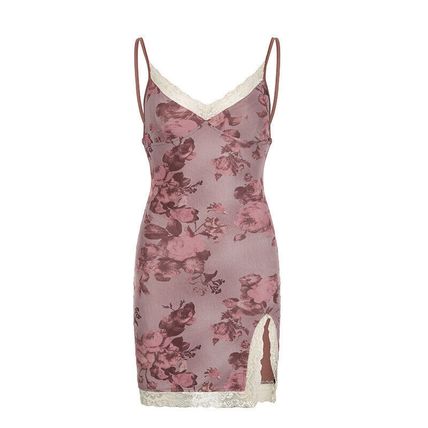 Fairycore Grunge Print Floral Bodycon Mini Dress French Chic Elegant Lace Stitc