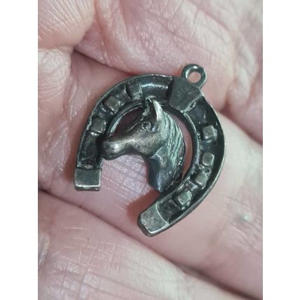 Antique Vintage Victorian 1860-s Silver Horseshoe 2 Sided Pendant on Modern Chai