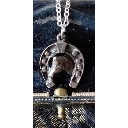 Antique Vintage Victorian 1860-s Silver Horseshoe 2 Sided Pendant on Modern Chai