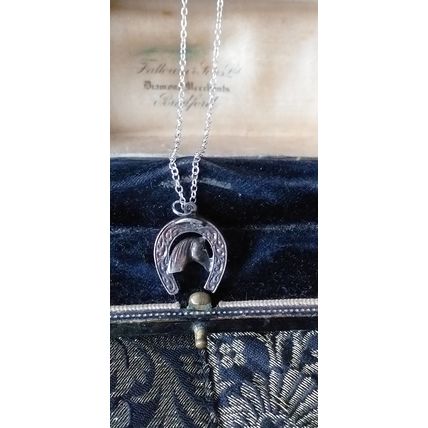 Antique Vintage Victorian 1860-s Silver Horseshoe 2 Sided Pendant on Modern Chai