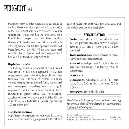Collectors Club card. Classic Cars. Peugeot 504