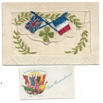 WW1 Embroidered Silk Postcard English And French Flags With Card Insert