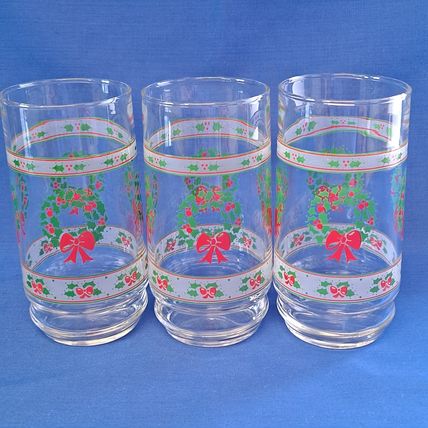 Lot 3 Indiana Glass VICTORIAN CHRISTMAS TUMBLERS 14 oz Wreath Holly Ribbon Drink