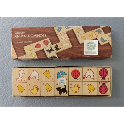 CHILDRENS VINTAGE WOODEN ANIMAL DOMINOES 28 PIECES w BUG & BUTTERFLY CAT DUCK +