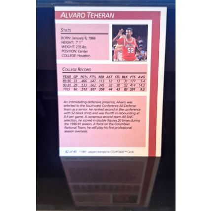 ALVARO TEHERAN 1991 COURTSIDE DRAFT PIX ROOKIE BASKETBALL CARD #42/45