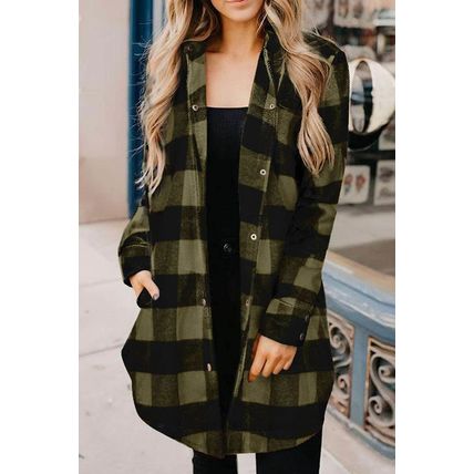 Green Turn-down Collar Plaid Shirt Coat