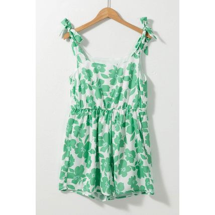 Green Flower Print Knotted Straps Square Neck Romper