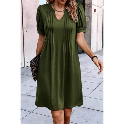 Fern Green Notched Neck Pleated Puff Sleeve Shift T-shirt Dress