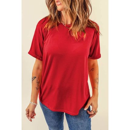 Red Casual Plain Crew Neck Tee