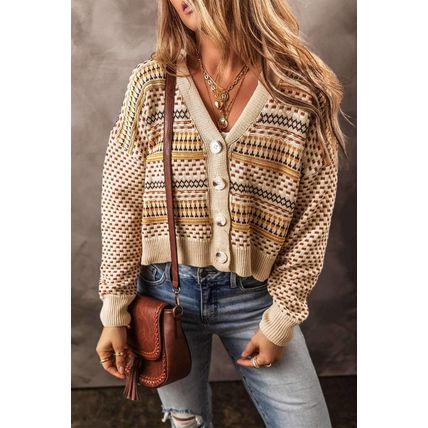 Khaki Buttoned V Neck Cropped Cardigan