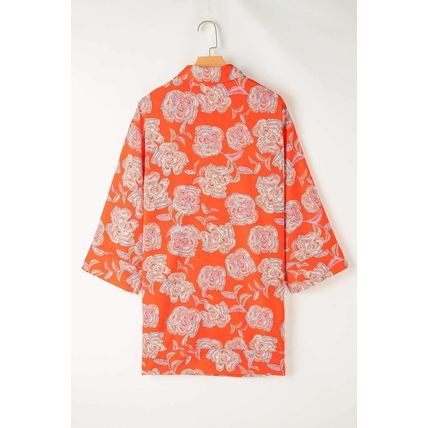 Red Floral Print Lapel Collar Loose Shirt Mini Dress