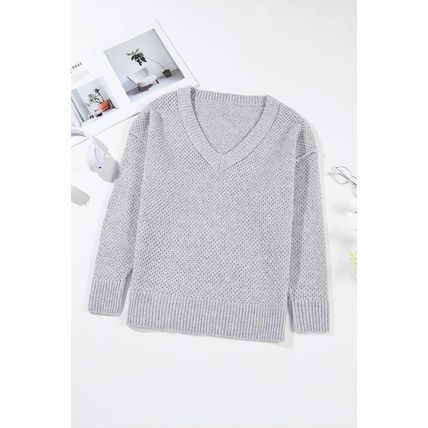 Light Grey Loose Eyelet V Neck Drop Shoulder Sweater