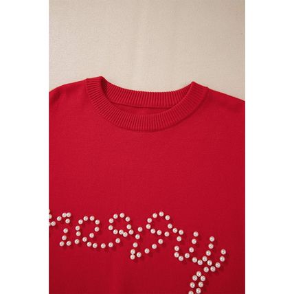 Fiery Red Pearl Beaded Merry Casual Sweater