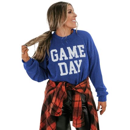 Bluing Corded GAME DAY Graphic Long Sleeve Crewneck Top
