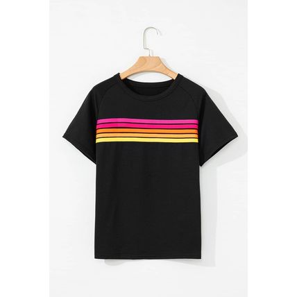 Black Striped Patch Front Casual Tee