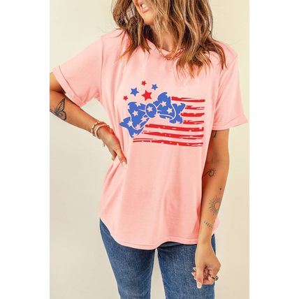 Pink Stars and Stripes Bow Knot Crew Neck T Shirt