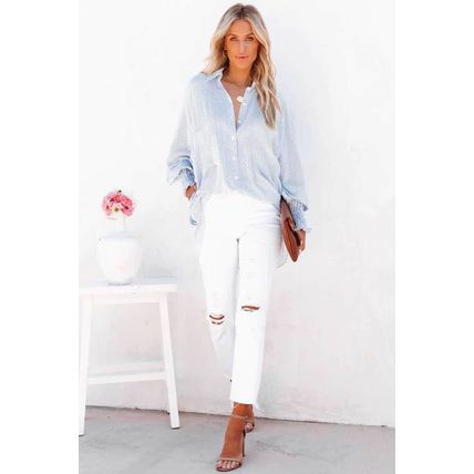 Sky Blue Smocked Cuffed Striped Boyfriend Shirt with Pocket
