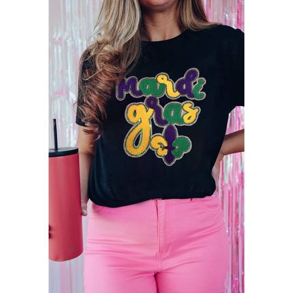 Black Chenille Mardi Gras Letter Graphic Tee