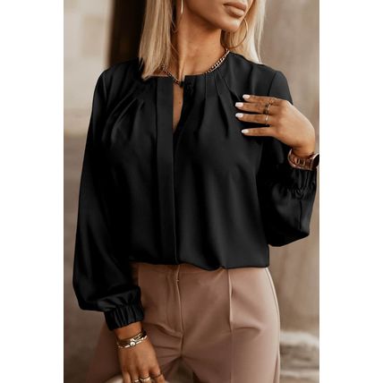 Black Crew Neck Gathered Stretch Cuff Shirt