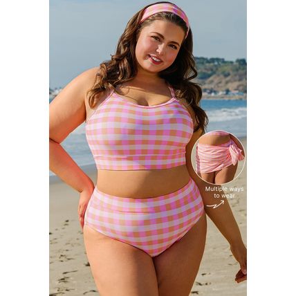 Pink Plus Size Plaid Print High Waist Bikini Set