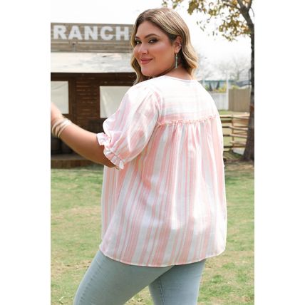 Pink Stripe Plus Size Tassel Tie Frilled Detail Short Sleeve Blouse