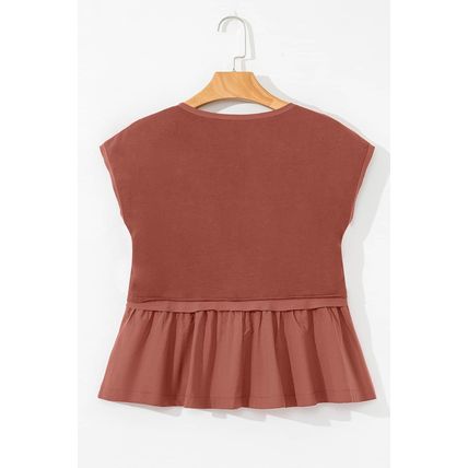 Chestnut Short Sleeve U Neck Buttons Splicing Ruffle Blouse