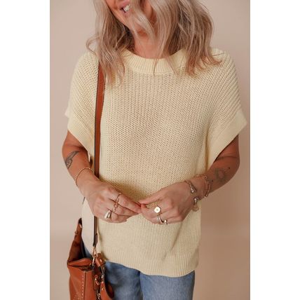 Oatmeal Solid Color Batwing Short Sleeve Round Neck Knit T Shirt