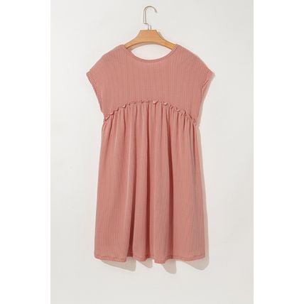 Dusty Pink Corded Knit Textured Patched Pocket Frilled Swing Mini Dress with Poc