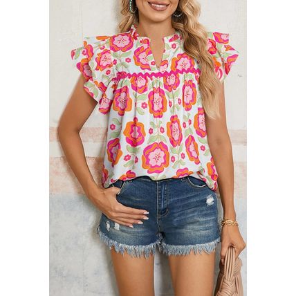Rose Floral Ruffled Sleeve Ric-rac Trim Split Neck Loose Blouse