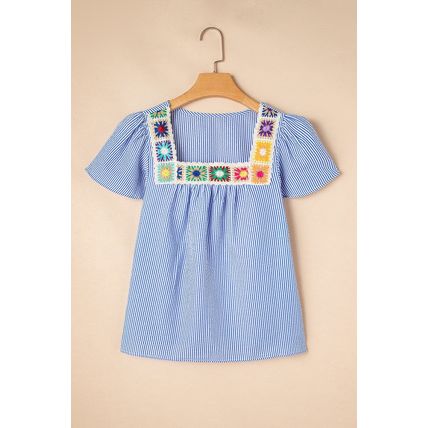 Sky Blue Stripe Textured Ruffle Short Sleeve Boho Detail Square Neck Blouse