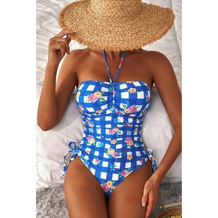 Blue Folk Gingham Halter Ruched Bodice Drawstring Ties One Piece Swimwear